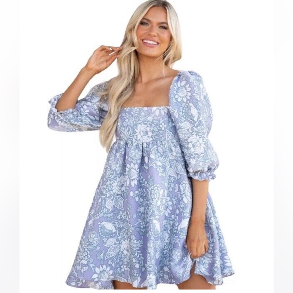 NWT Storia Floral Babydoll Mini Ruffle Dress in Periwinkle Floral Size S